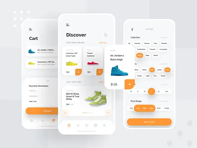 Ece - Shopping App Concept Part 2 app application brands card cart clean clothing design ecommerce fashion gallery mobile orange product shoes shop simple ui ux white