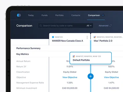 Compare and Manage Funds & Portfolios compare comparison data finance fintech fund management funds interface metrics platform portfolio ui ux