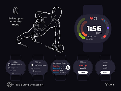 Wearable health and fitness tracker. Workout flow dumbell exercise exercises fitness goals health mood progress smartwatch swipe tap time wearable workout