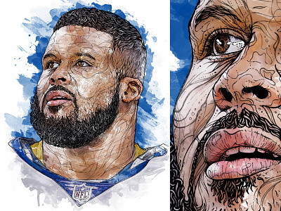 1-day portrait 'Aaron Donald' art beard defense detail drawing editorial illustration eyes face hair hand drawn illustration la la rams los angeles nfl pen pencil portrait superbowl