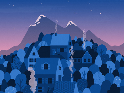 Dawn Mountain Village artwork calm cottage house illustration morning mountains trees village wilderness woods