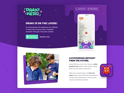 Draki Hero — Video Game Landing Page app augmented reality branding children color design dragon icon illustration kids landing landing page marketing sideproject ui ux videogame videogames web z1