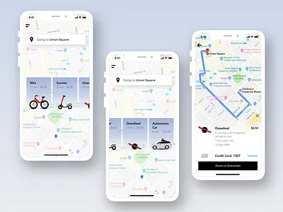 Last Mile App All Screens autonomous car bike design driverless car ios iphone x last mile onewheel scooter self driving car sketch transportation uber ui vector