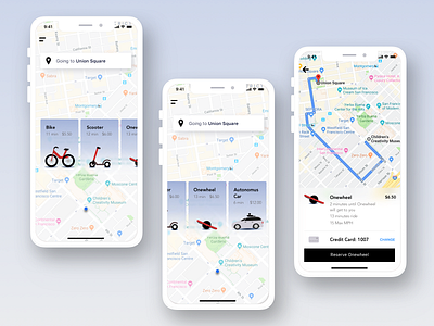 Last Mile App All Screens autonomous car bike design driverless car ios iphone x last mile onewheel scooter self driving car sketch transportation uber ui vector