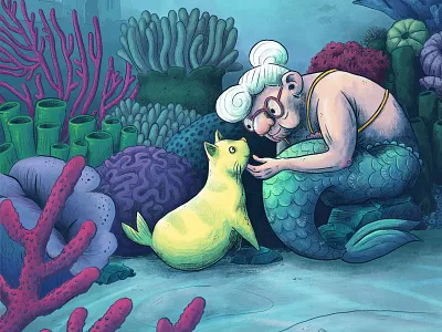 Granny and Catfish cat character design children book illustration childrens book childrens illustration coral reef granny illustration kidlit kidlitart kids illustration mermaid mermay underwater