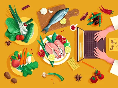 Food And Recipe Illustration VOL 2 colorful fish food grain texture hands illustration recipe app recipes vector veggies