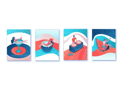 Summer isometric poster set 3d background design design isometric party people illustration poster summer vector