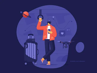 On the way blue cat headset illustraion likes man map metro travel trunk uav ui web