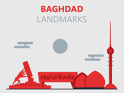 Baghdad Landmarks baghdad flatdesign gray icon illstrator illustration iraq landmark landmarks lineart moon red sun vector