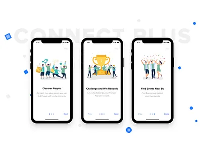 Connect Plus App : Walk throughs adobe xd app blue branding challenge connect design discover events illustrations ios minimal onboarding screen ui vector walkthrough