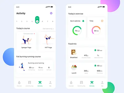 Fitness activity page app calories character illustration clean diet fitness fitness data illustration mobile ui ux yoga