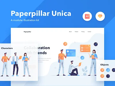 Paperpillar Unica Modular Illustration Kit Vol. 1 character characters gradient illustration illustration agency illustration kit illustrations modular paperpillar product design unica webdesign website