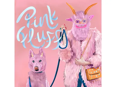 Twinsies color design dog fashion fluffy furry hair horns humor illustration lettering life monster owner pet pink portrait style twins vector