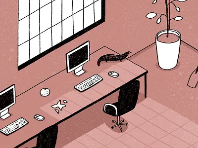 Office, Otter & Orange. crop illustration isometric office olive plant orange otter