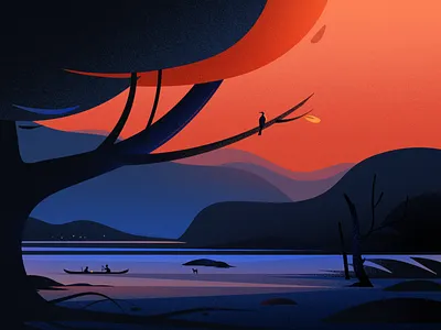 Evening from Kerala art bird blue boat evening hill illustration illustrations kerala landscape light nature sunset tree vector