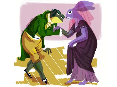 At the Regency Ball 1800s bunny characterdesign digitalart fancyclothes frog hare illustration pink purple rabbit retro retroillustration texture vintage