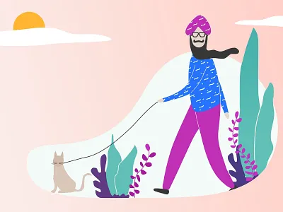 Style Singh with Cat Walk app concept bearded man cat clouds design doodle a day evening walk flat illustration flatdesign gradient illustration leaf man walk manwalk patterns sketchapp turban man ui