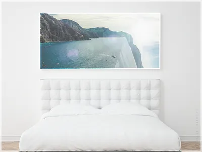 'Ocean Wall' 01a blue blue and white boats mountain mountains photomanipulation sunrays surreal surreal art surrealist water waterfall