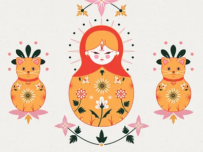 Matryoshkas and meowtrioshkas animal lover cat love catlovers cats crazy cat lady design feminist flowers illustration ladies line art matrioshkas matryoshka ornaments pets russia russian doll vector woman women