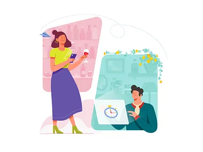 Sending Email bar boy clock cooperation email flower girl graphic design house illustration indoor outdoor paper plane phones screen wine