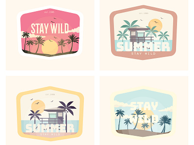 Badge colorful design illustration landing page landscape palmtree retro sunset vector