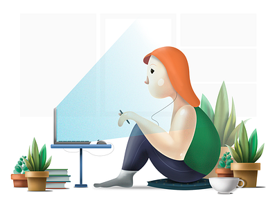 The working process art artist artwork designer drawing freelance girl home illustration plants raster vector working environment workplace