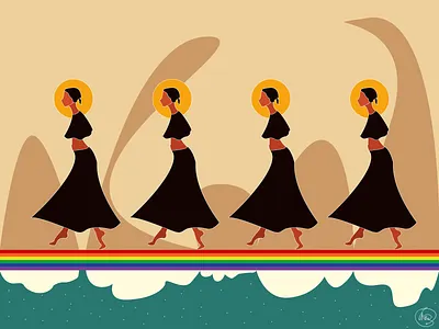 Pride walk 80s adobe colorful colors design dream dress flat girl halo illustration illustrator cc orange pride pride month rainbow tan vector vector art women
