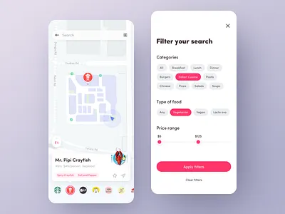 Looking for Food amount animation app card cash clean filter flat food map navigation ui ux