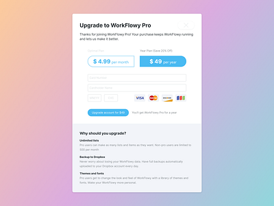 Workflowy Upgrade Popup Redesign clean figma interaction interface minimal payment popup redesign ui upgrade ux workflowy
