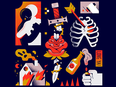 Love Ya! character editorial enisaurus fire freelance gradients hands heart illustration love rose sword textures vector
