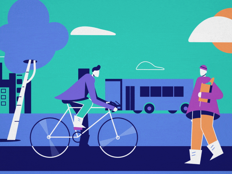 Resi4Rent | #3 after effects animation animation 2d bike bus cel animation character animation color palette cycling dog environment explainer video infinity loop motion design plumcat public transport resi4rent transition walking cycle