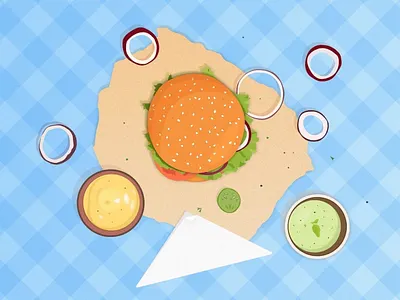 Delicious Hamburger blue bohemian sketch bun burger check delicious diner dinner hamburger hungry illustration illustration art lunch onions patty sauce seeds serviette sketch vector
