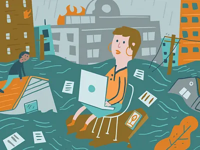 Editorial Illustration for Submittable blue building earing fire flood hoop house houses illustration josh quick josh quick joshquick laptop missoula paper storm tree writer
