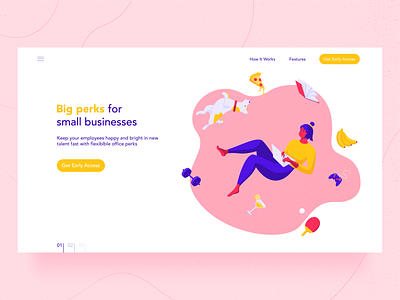 Perks and treats character design dog food fun girl illustration office pizza texture vector web