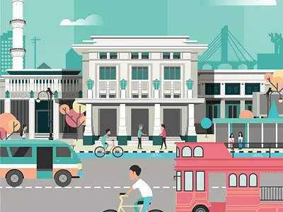 Bandung architecture art deco bandung buildings city cityscape europe flat design historical illustration indonesia street transportation vector