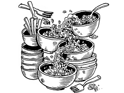 Bowls black and white bowl cascade drawing drawing ink drawings fork illustration ink line pen sketchbook