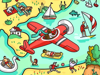 Lake Balaton bird eye view airplane balaton beach birdeye europe football game hungary illustration line art map map art pictorial plane play sailboat sailboats summer summertime