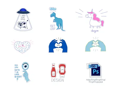 Designer Stickers Set 2d adobe adobe illustrator cow cute design illustration illustrator logo space spaceship sticker sticker design stickers ui uiux uiuxdesign uiuxdesigner unicorn vector