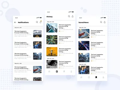 News notification, History, Saved news android design ios khan kit minimal. mobile apps news news feed newsfeed newsletter saad saad khan screen ui ux