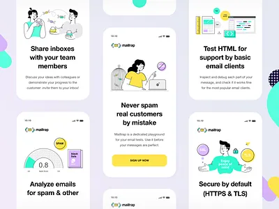 Mailtrap features illustrations. Mobile. app art character clean concept design flat graphic green icon illustration interface lilac logo minimal mobile simple ui vector vivid
