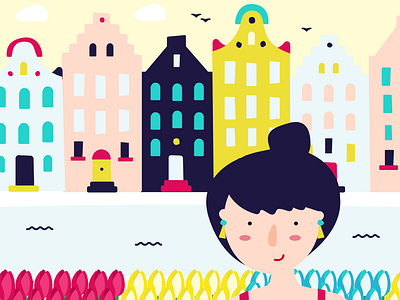 Sunny Amsterdam. amsterdam architecture canal girl holland illustration netherlands sunny tulips vector