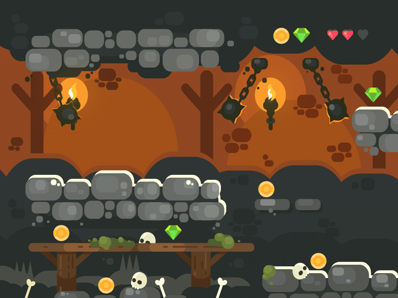 Video Game 2d after effects animation bones cave coins design dribbble fight fire gemstones gif illustration knight motion graphics play playstation skeleton man sword videogame