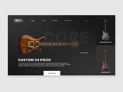 PRS Guitar Product Page Dark Theme Concept branding clean concept concepts dark theme design desktop desktop design flat grey guitar guitars identity illustrator minimal music rebound ux web website