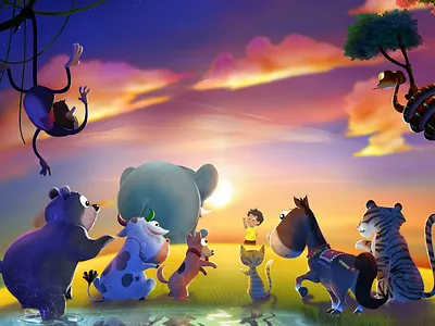 Alfie and Haathi return home from their adventures app character design childrens book illustration storytelling