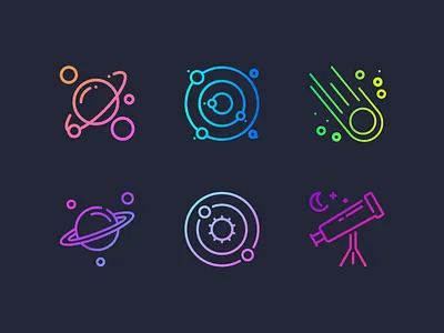 Gradient Space Icon Set blue branding crescent moon design freebie gradient gradients moon orbit orbits pink planet planets purple solar system space star stars telescope vector