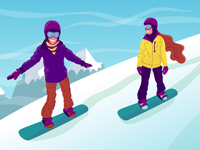 Snowboarding 3 activity character design flat girl illustration landscape man mountain outdoors snow snowboard snowboarder snowboarding sport vector winter