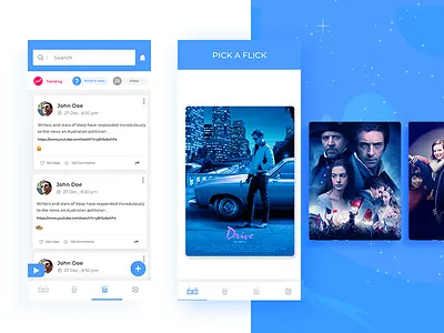 Entertainment application app ui application design application ui blue cards color design entertainment entertainment app follow interface movie movie poster movies trailar trending tv tv show ui uiux video