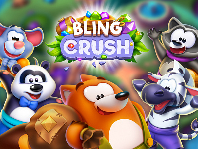 Bling Crush splash screen animal anthropomorphic app icon artua casual game character character design concept design game game art game design icon illustration ios match 3