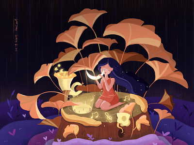 MUSIC dream gilr ginkgo leaf illustration moon music vector violet yellow