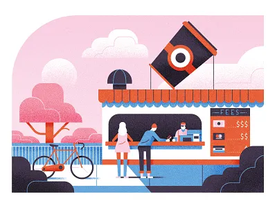 Chicago Booth Review bicycle character coffee credit card editorial flat graphic illustration texture vector